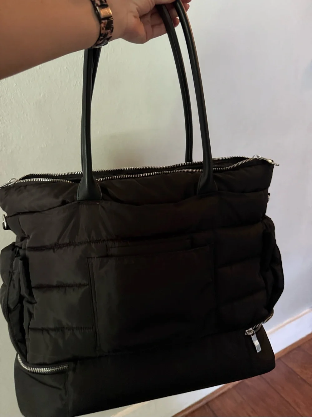 Black Quilted Tote Bag with Zipper Accents